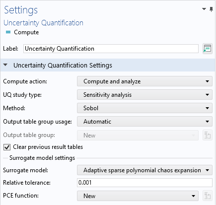 A close-up of the settings for the Uncertainty Quantification study.