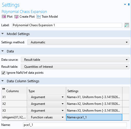 Part of the Settings window for the Polynomial Chaos Expansion function, with the Model Settings and Data Column Settings sections expanded.