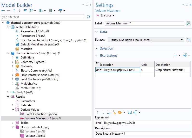 The Model Builder with the Volume Maximum node under Derived Values selected and the corresponding Settings window.