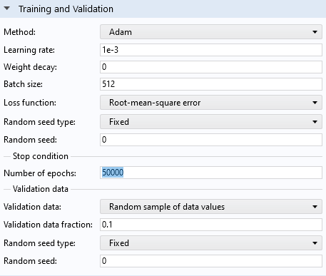 The Settings window for the Deep Neural Network function, with the Training and Validation sections expanded.