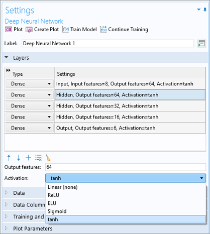 The Settings window for the Deep Neural Network function, with the Layers section and Data section expanded.