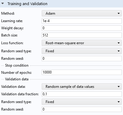 The Settings window for the Deep Neural Network function, with the Training and Validation sections expanded.