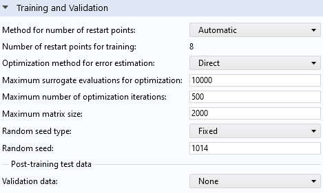 A close-up of the Training and Validation section of the settings for a Gaussian Process function.