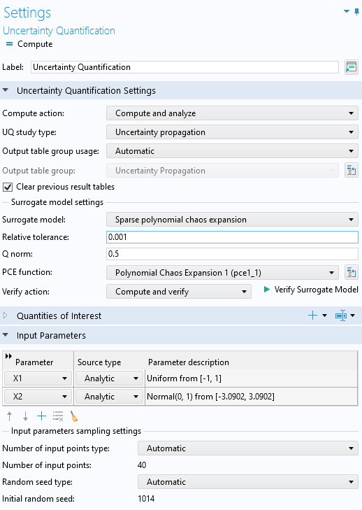 A screenshot of the Settings window for the Uncertainty Quantification study.