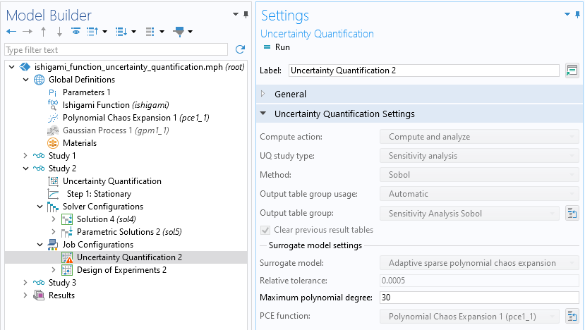 The Model Builder with the Uncertainty Quantification node selected under the Job Configurations node and the corresponding Settings window shown.