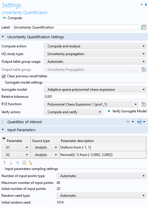 A screenshot of the Settings window for the Uncertainty Quantification study.