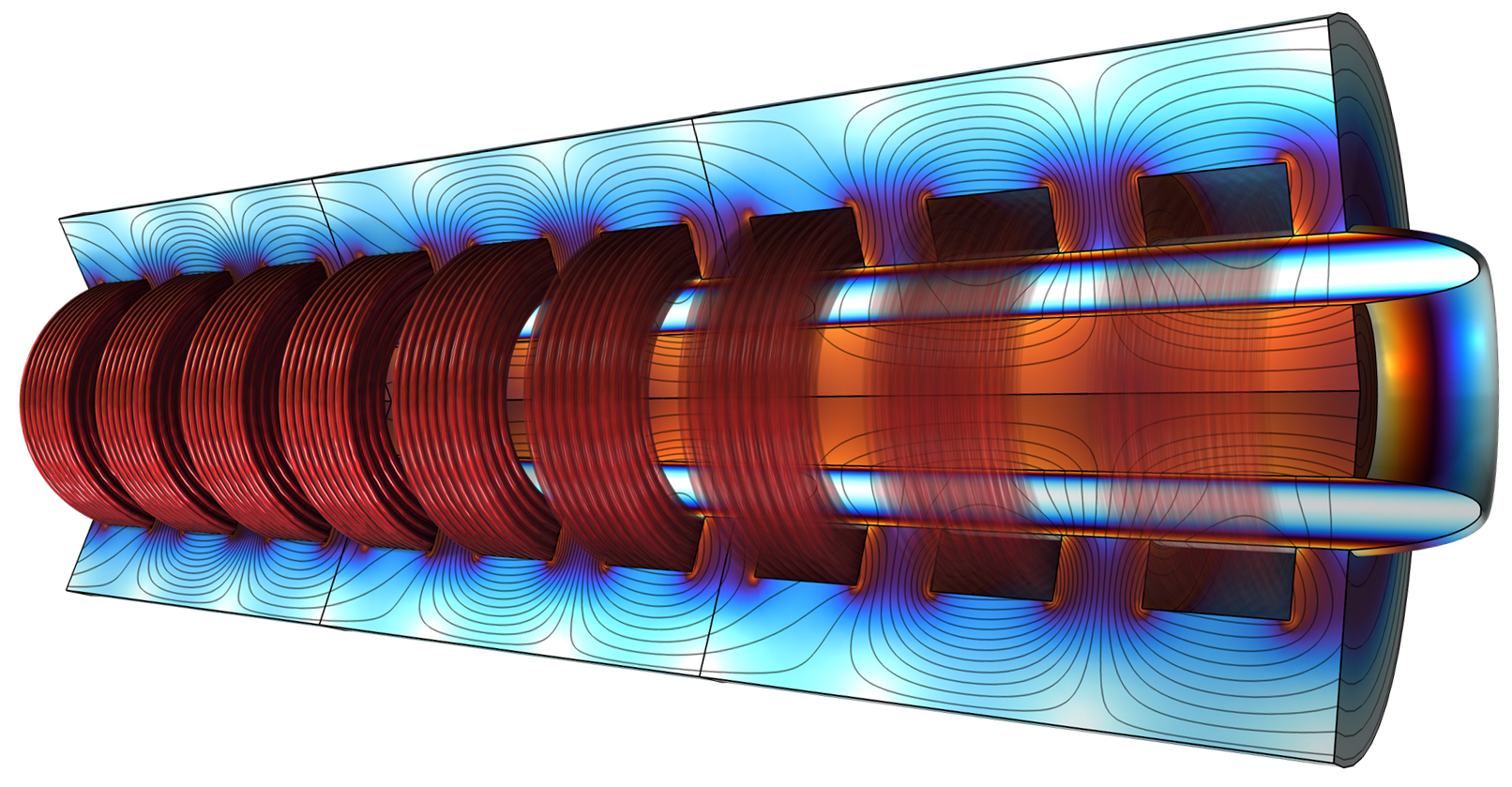 A 3D MHD pump in the shape of a cylinder with a sector cut away, the internal coils visible.