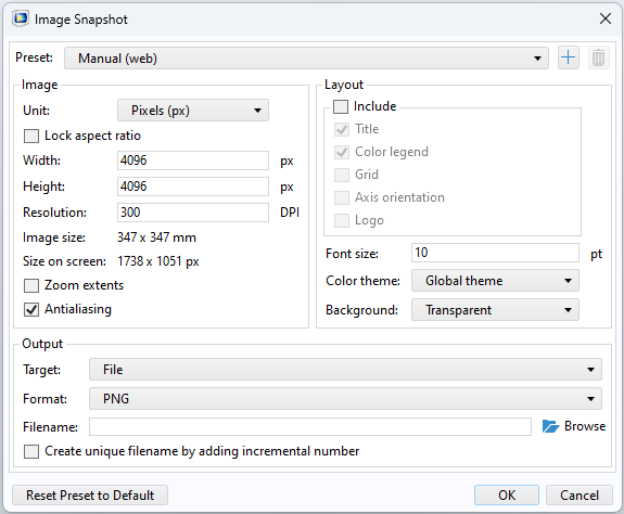 A close-up of the Image Snapshot window with the settings preset to produce a high-quality image.
