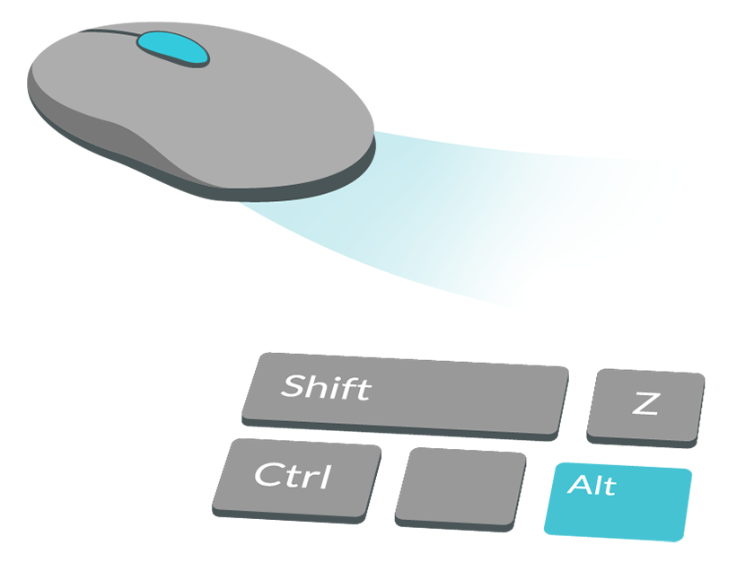 An infographic with the middle mouse button and alt key highlighted to depict how to activate the mouse dolly camera.