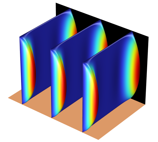 A 3D plot of a square duct with shapes representing the plotted solution values.