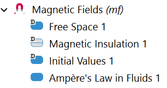 A Magnetic Fields node and the Free Space, Magnetic Insulation, and Initial Values subnodes.
