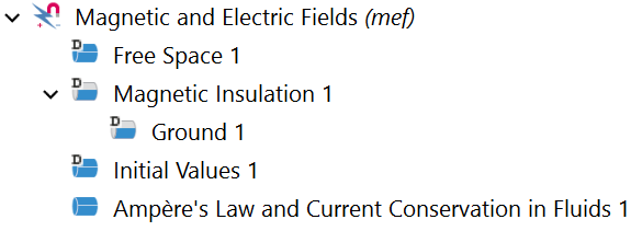 A Magnetic and Electric Fields node and Free Space, Magnetic Insulation, Ground, and Initial Values subnodes.