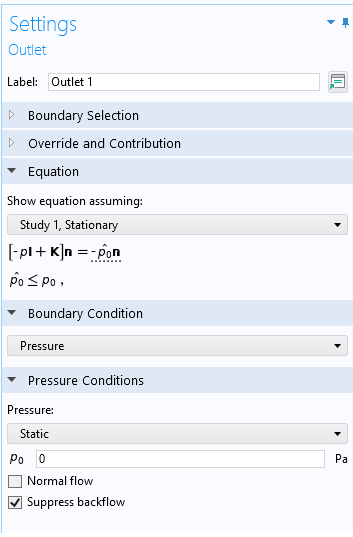 The Settings window for the Outlet feature with a static pressure of zero and suppressed backflow.