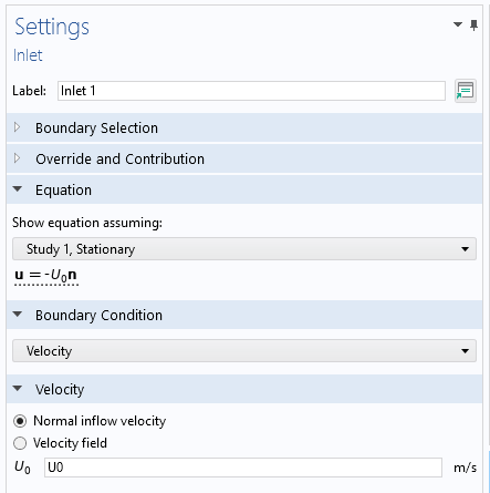 The Settings window for the Inlet feature with a normal inflow velocity.