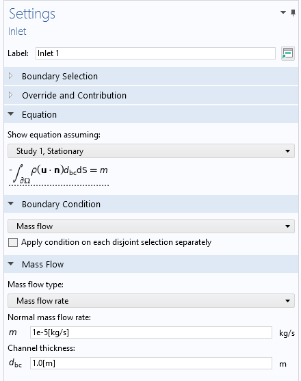 The Settings window for the Inlet feature with the mass flow rate and channel thickness configured.
