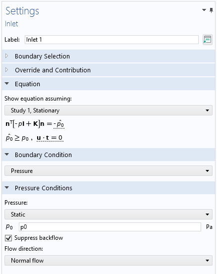 The Settings window for the Inlet feature with a static pressure and suppressed backflow.