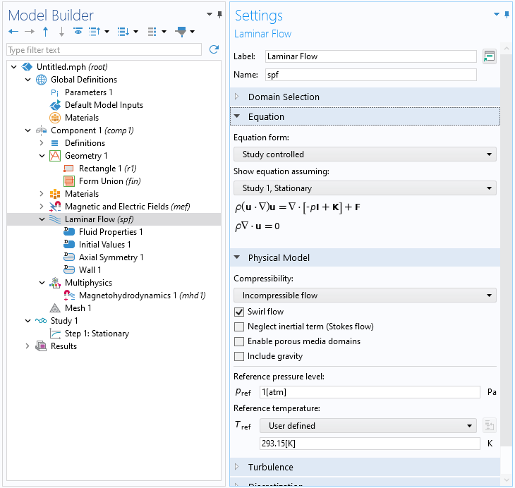 The Laminar Flow Settings window with swirl flow enabled.