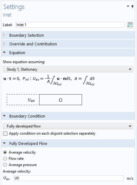 he Settings window for the Inlet feature using the Fully developed flow option.