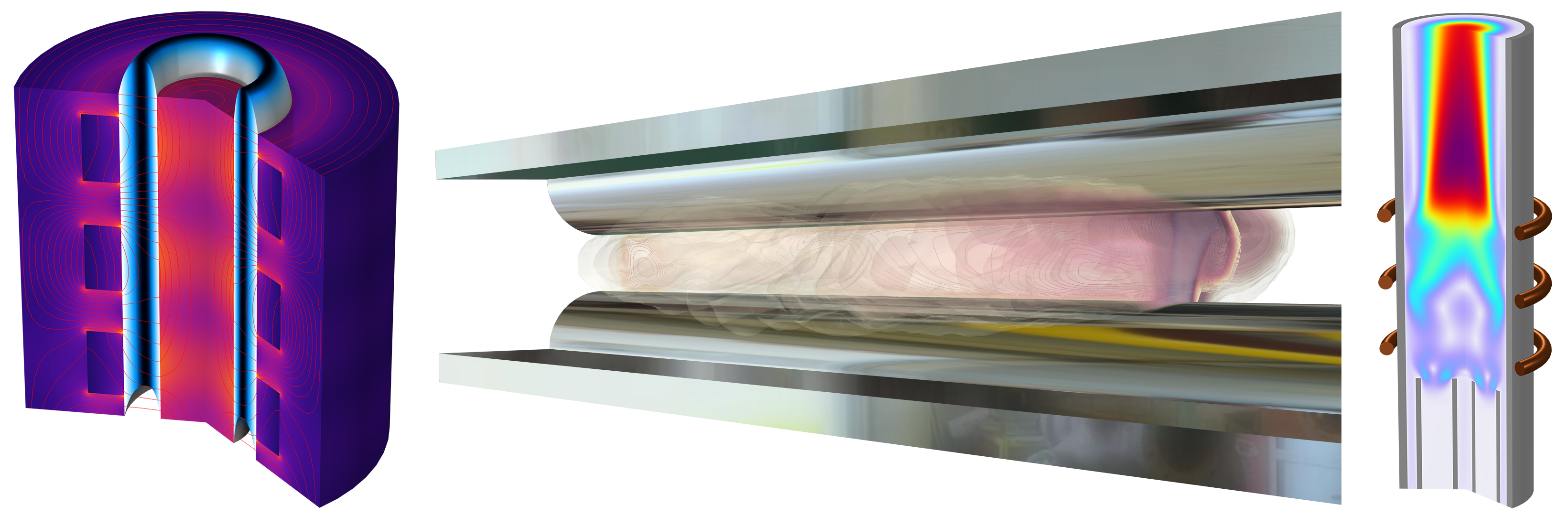 Three side-by-side images, with a cutaway purple cylinder on the left, two chrome surfaces with a pink cloud between them in the center, and a silver cylinder wrapped by three copper wires on the right.