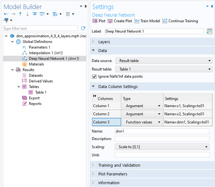 The Model Builder with the Deep Neural Network function node selected and the corresponding Settings window.