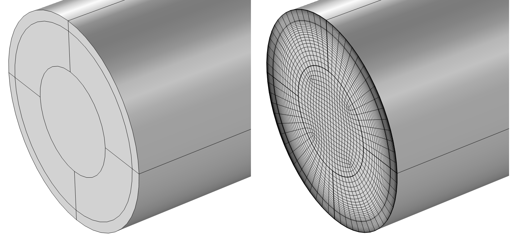 A gray, partitioned circular pipe geometry and the same pipe with the mesh.
