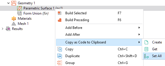 A context menu in the Model Builder tree showing the Copy as Code to Clipboard menu and the Create, Get, and Set All options.