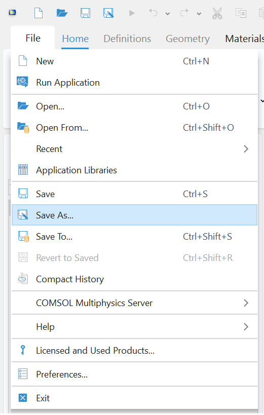 The File menu opened with the Save As option highlighted in light blue.