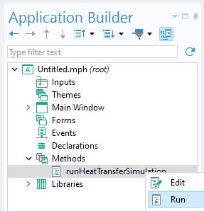 The context menu for a method in the Application Builder tree, showing the Edit and Run options.