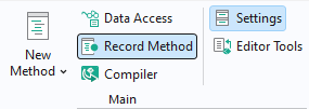 The Main ribbon group on the Hometab in the Application Builder with the Record Method button highlighted.