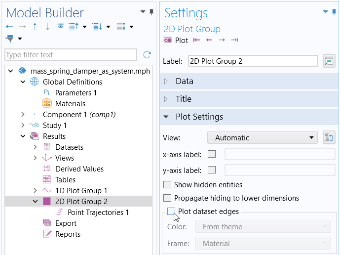 A close-up of the Model Builder with 2D Plot Group 2 selected and the cleared Plot dataset edges check box in the Settings window.