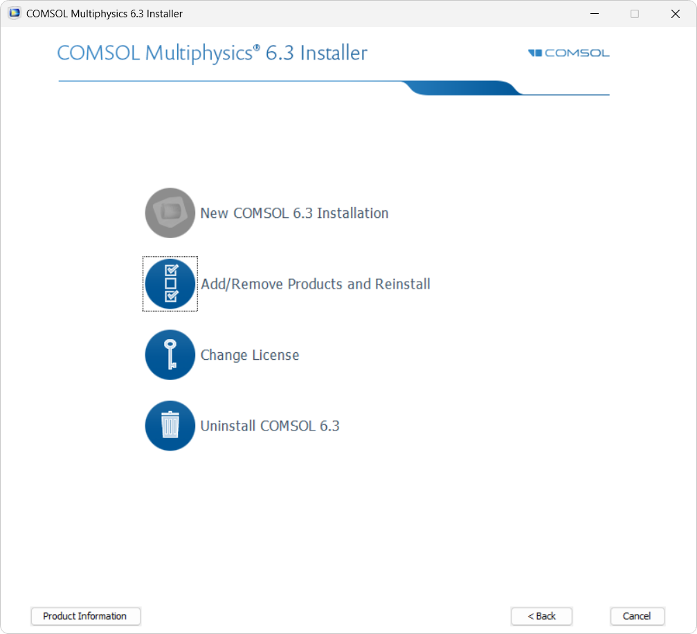 The COMSOL Installer with a dotted gray box around the icon for Add/Remove Products and Reinstall.