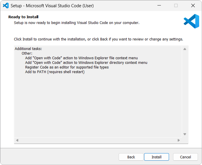 A screenshot of the setup window for VS Code on Windows<sup>®</sup> showing what will be installed.