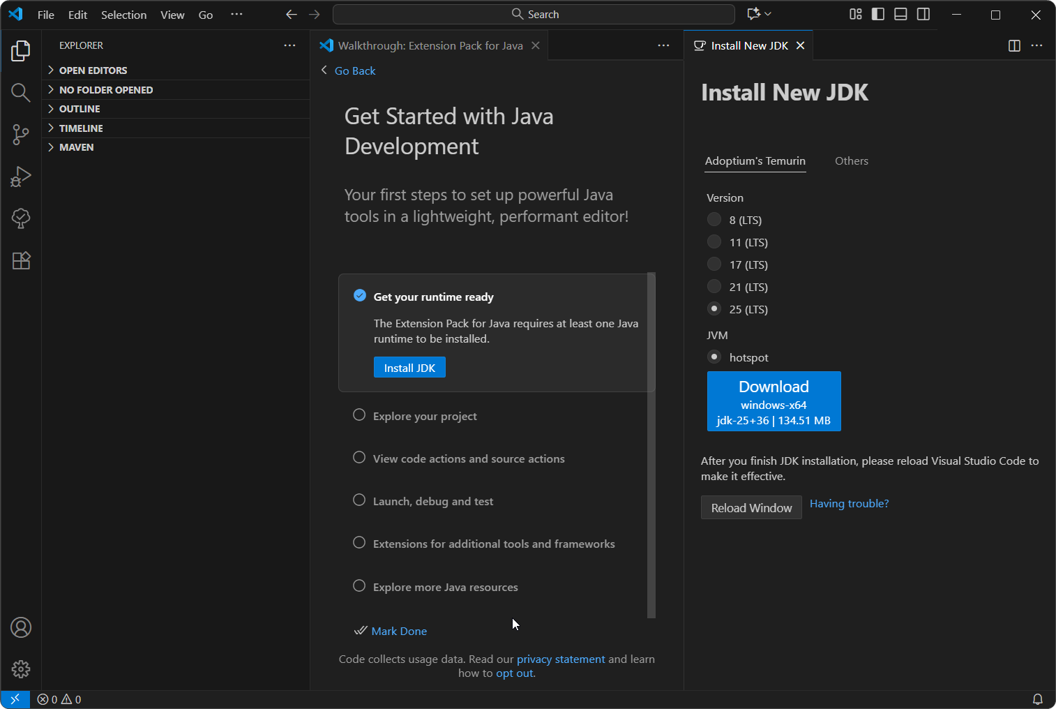 A screenshot of the walkthrough for the Extension Pack for Java 