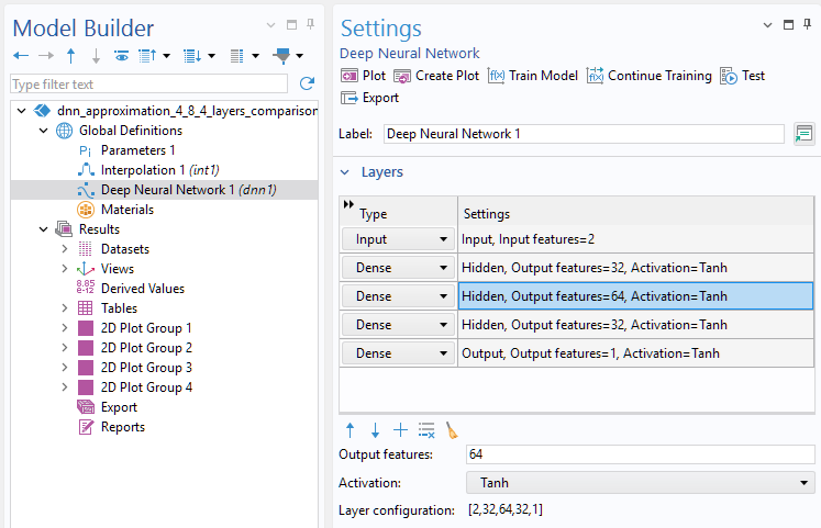 The Model Builder with the DNN function node selected and the corresponding Settings window, with the Layers section expanded.