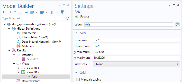 A close-up view of the Model Builder, where the Views node under the Results node is expanded and the Axis subnode is selected, and a close-up view of the Axis section of the Settings window.