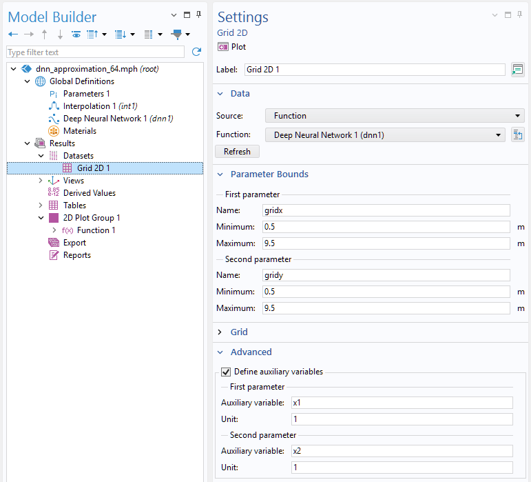 The Model Builder with the Grid 2D 1 node selected and part of the corresponding Settings window, which has the Deep Neural Network node selected for the function.