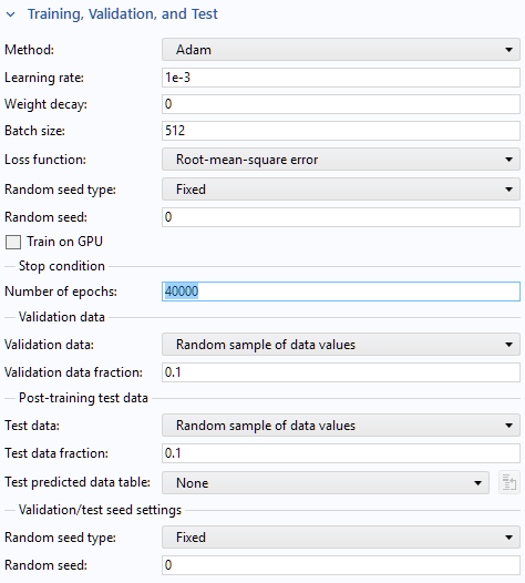 The Training and Validation section of the Settings window for the DNN Function, which contains several rows of text input fields and dropdown list.