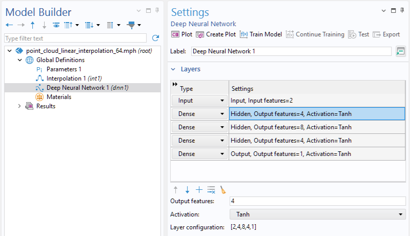 The Model Builder with the Deep Neural Network function node selected and the Layers section of the Settings window expanded.
