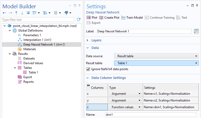 The Model Builder with the Deep Neural Network function node selected and the corresponding Settings window.