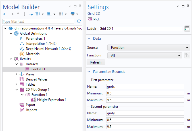 The Model Builder with the Grid 2D 1 node selected and part of the corresponding Settings window.