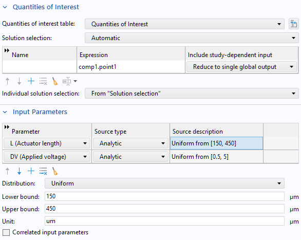 The Settings window for the Uncertainty Quantification study, with the Quantities of Interest section and Input Parameters section expanded.