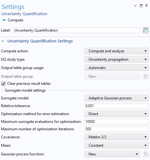 A close-up of the settings for the Uncertainty Quantification study.
