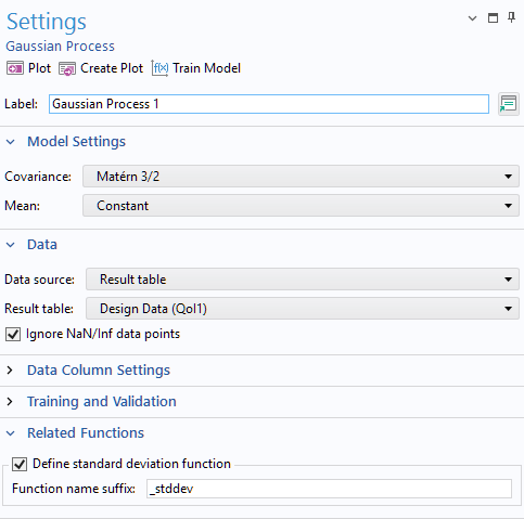The Settings window for the Gaussian Process function, with the Model Settings, Data, and Related Functions sections expanded.