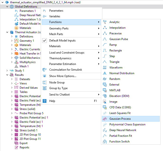 A screenshot of part of the model tree where the menu for the Global Definitions node is open and the Functions section is expanded, with the Gaussian Process option selected.