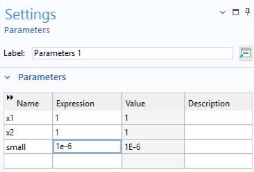 Part of the Settings window for the Parameters node, which includes a table.