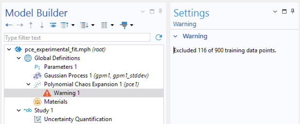 A close-up of part of the Model Builder with the Warning node in the model tree selected and the corresponding Settings window.