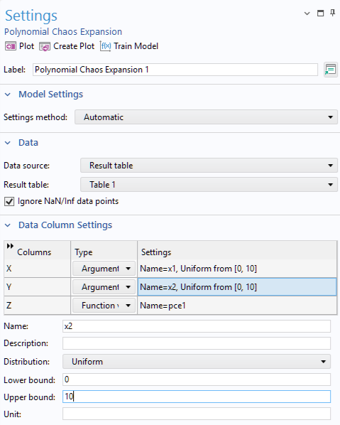 A close-up of the Data Column Settings section of the settings for the Polynomial Chaos Expansion function.