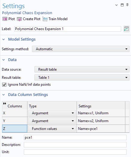 Part of the Settings window for the Polynomial Chaos Expansion function, with the Model Settings, Data, and Data Column Settings sections expanded.