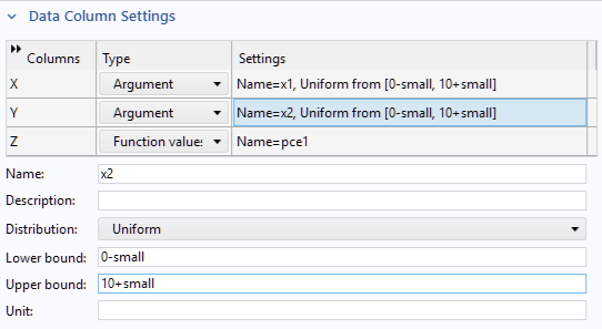 A close-up of the Data Column Settings section of the settings for the Polynomial Chaos Expansion function.