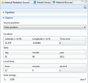 Solar position settings in COMSOL Multiphysics 4.3 and the Heat Transfer Module.